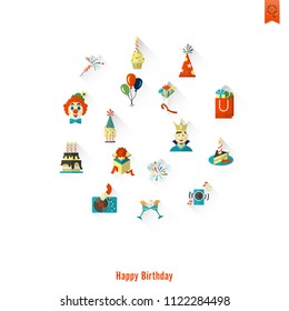 Happy Birthday Icons Set. Simple, Minimalistic and Flat Style. Colorful. Long Shadow. Vector