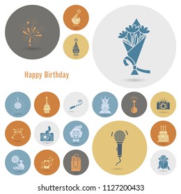 Happy Birthday Icons Set. Simple, Minimalistic and Flat Style. Retro Color. Vector