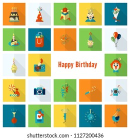 Happy Birthday Icons Set. Simple, Minimalistic and Flat Style. Colorful. Long Shadow. Vector