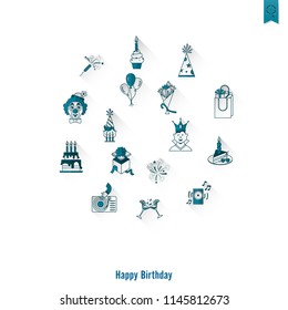 Happy Birthday Icons Set. Simple, Minimalistic and Flat Style. Monochrome color. Long Shadow. Vector