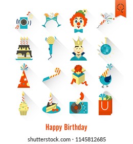 Happy Birthday Icons Set. Simple, Minimalistic and Flat Style. Colorful. Long Shadow. Vector