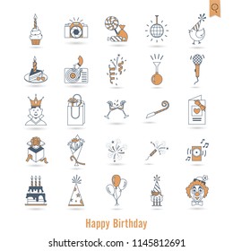 Happy Birthday Icons Set. Simple, Minimalistic and Flat Style. Retro Color. Vector