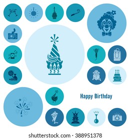 Happy Birthday Icons Set. Simple, Minimalistic and Flat Style. Monochrome color. Vector