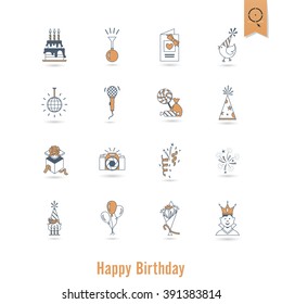 Happy Birthday Icons Set. Simple, Minimalistic and Flat Style. Retro Color. Vector