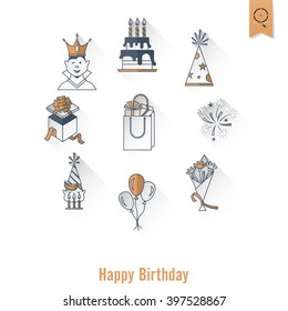 Happy Birthday Icons Set. Simple, Minimalistic and Flat Style. Retro Color. Long Shadow. Vector