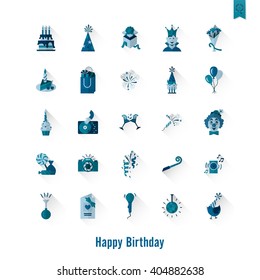 Happy Birthday Icons Set. Simple, Minimalistic and Flat Style. Monochrome color. Long Shadow. Vector