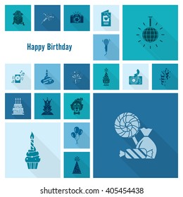 Happy Birthday Icons Set. Simple, Minimalistic and Flat Style. Monochrome color. Long Shadow. Vector