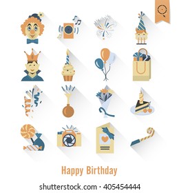 Happy Birthday Icons Set. Simple, Minimalistic and Flat Style. Retro Color. Long Shadow. Vector