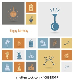 Happy Birthday Icons Set. Simple, Minimalistic and Flat Style. Retro Color. Vector