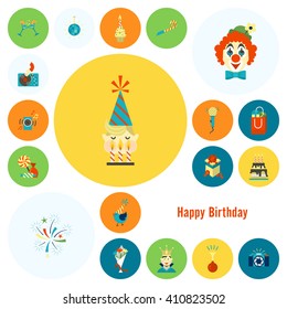 Happy Birthday Icons Set. Simple, Minimalistic and Flat Style. Colorful. Vector