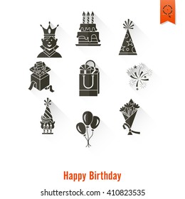 Happy Birthday Icons Set. Simple, Minimalistic and Flat Style. Long Shadow. Vector