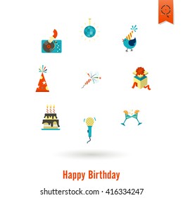 Happy Birthday Icons Set. Simple, Minimalistic and Flat Style. Colorful. Vector