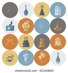 Happy Birthday Icons Set. Simple, Minimalistic and Flat Style. Retro Color. Vector