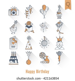 Happy Birthday Icons Set. Simple, Minimalistic and Flat Style. Retro Color. Long Shadow. Vector
