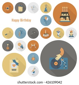 Happy Birthday Icons Set. Simple, Minimalistic and Flat Style. Retro Color. Long Shadow. Vector