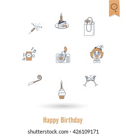 Happy Birthday Icons Set. Simple, Minimalistic and Flat Style. Retro Color. Vector