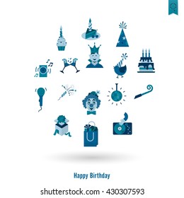 Happy Birthday Icons Set. Simple, Minimalistic and Flat Style. Monochrome color. Vector