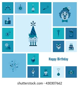 Happy Birthday Icons Set. Simple, Minimalistic and Flat Style. Monochrome color. Vector
