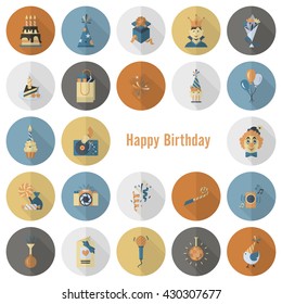 Happy Birthday Icons Set. Simple, Minimalistic and Flat Style. Retro Color. Long Shadow. Vector