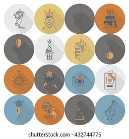 Happy Birthday Icons Set. Simple, Minimalistic and Flat Style. Retro Color. Long Shadow. Vector