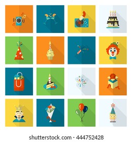 Happy Birthday Icons Set. Simple, Minimalistic and Flat Style. Colorful. Long Shadow. Vector