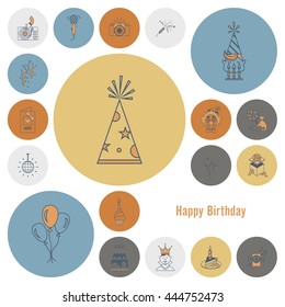 Happy Birthday Icons Set. Simple, Minimalistic and Flat Style. Retro Color. Vector