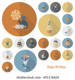 Happy Birthday Icons Set. Simple, Minimalistic and Flat Style. Retro Color. Long Shadow. Vector