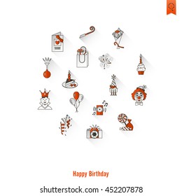 Happy Birthday Icons Set. Simple, Minimalistic and Flat Style. Long Shadow. Vector