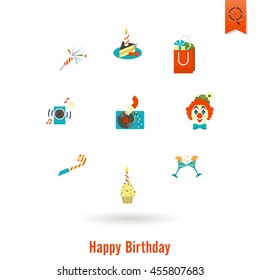 Happy Birthday Icons Set. Simple, Minimalistic and Flat Style. Colorful. Vector