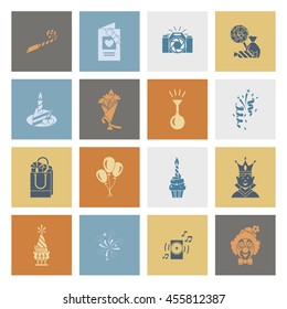 Happy Birthday Icons Set. Simple, Minimalistic and Flat Style. Retro Color. Vector