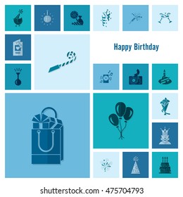 Happy Birthday Icons Set. Simple, Minimalistic and Flat Style. Monochrome color. Vector