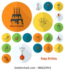 Happy Birthday Icons Set. Simple, Minimalistic and Flat Style. Colorful. Long Shadow. Vector