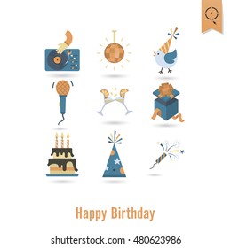 Happy Birthday Icons Set. Simple, Minimalistic and Flat Style. Retro Color. Vector