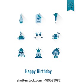 Happy Birthday Icons Set. Simple, Minimalistic and Flat Style. Monochrome color. Long Shadow. Vector