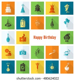 Happy Birthday Icons Set. Simple, Minimalistic and Flat Style. Colorful. Long Shadow. Vector