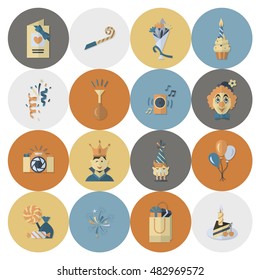 Happy Birthday Icons Set. Simple, Minimalistic and Flat Style. Retro Color. Vector