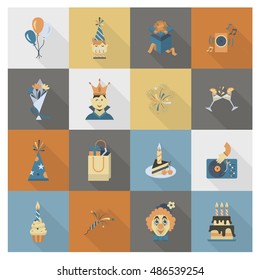 Happy Birthday Icons Set. Simple, Minimalistic and Flat Style. Retro Color. Long Shadow. Vector