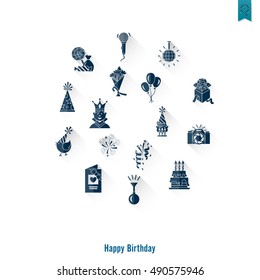 Happy Birthday Icons Set. Simple, Minimalistic and Flat Style. Long Shadow. Vector