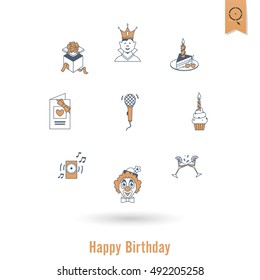 Happy Birthday Icons Set. Simple, Minimalistic and Flat Style. Retro Color. Vector