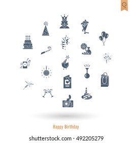 Happy Birthday Icons Set. Simple, Minimalistic and Flat Style. Vector