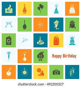 Happy Birthday Icons Set. Simple, Minimalistic and Flat Style. Colorful. Vector