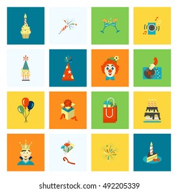 Happy Birthday Icons Set. Simple, Minimalistic and Flat Style. Colorful. Vector