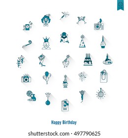 Happy Birthday Icons Set. Simple, Minimalistic and Flat Style. Monochrome color. Long Shadow. Vector