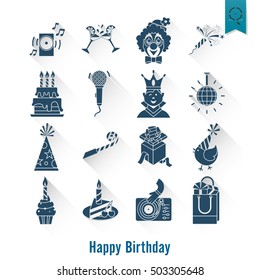 Happy Birthday Icons Set. Simple, Minimalistic and Flat Style. Long Shadow. Vector