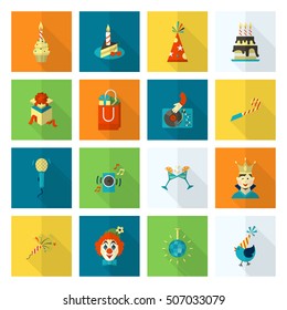 Happy Birthday Icons Set. Simple, Minimalistic and Flat Style. Colorful. Long Shadow. Vector