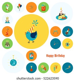 Happy Birthday Icons Set. Simple, Minimalistic and Flat Style. Colorful. Vector