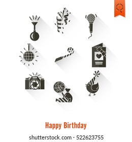 Happy Birthday Icons Set. Simple, Minimalistic and Flat Style. Long Shadow. Vector