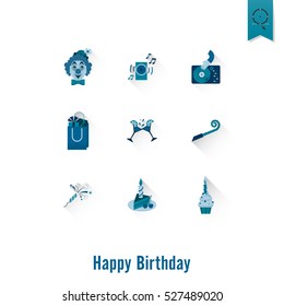 Happy Birthday Icons Set. Simple, Minimalistic and Flat Style. Monochrome color. Vector