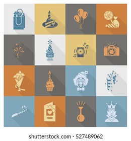 Happy Birthday Icons Set. Simple, Minimalistic and Flat Style. Retro Color. Long Shadow. Vector
