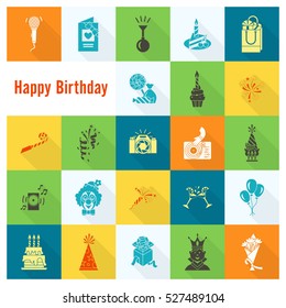 Happy Birthday Icons Set. Simple, Minimalistic and Flat Style. Colorful. Long Shadow. Vector